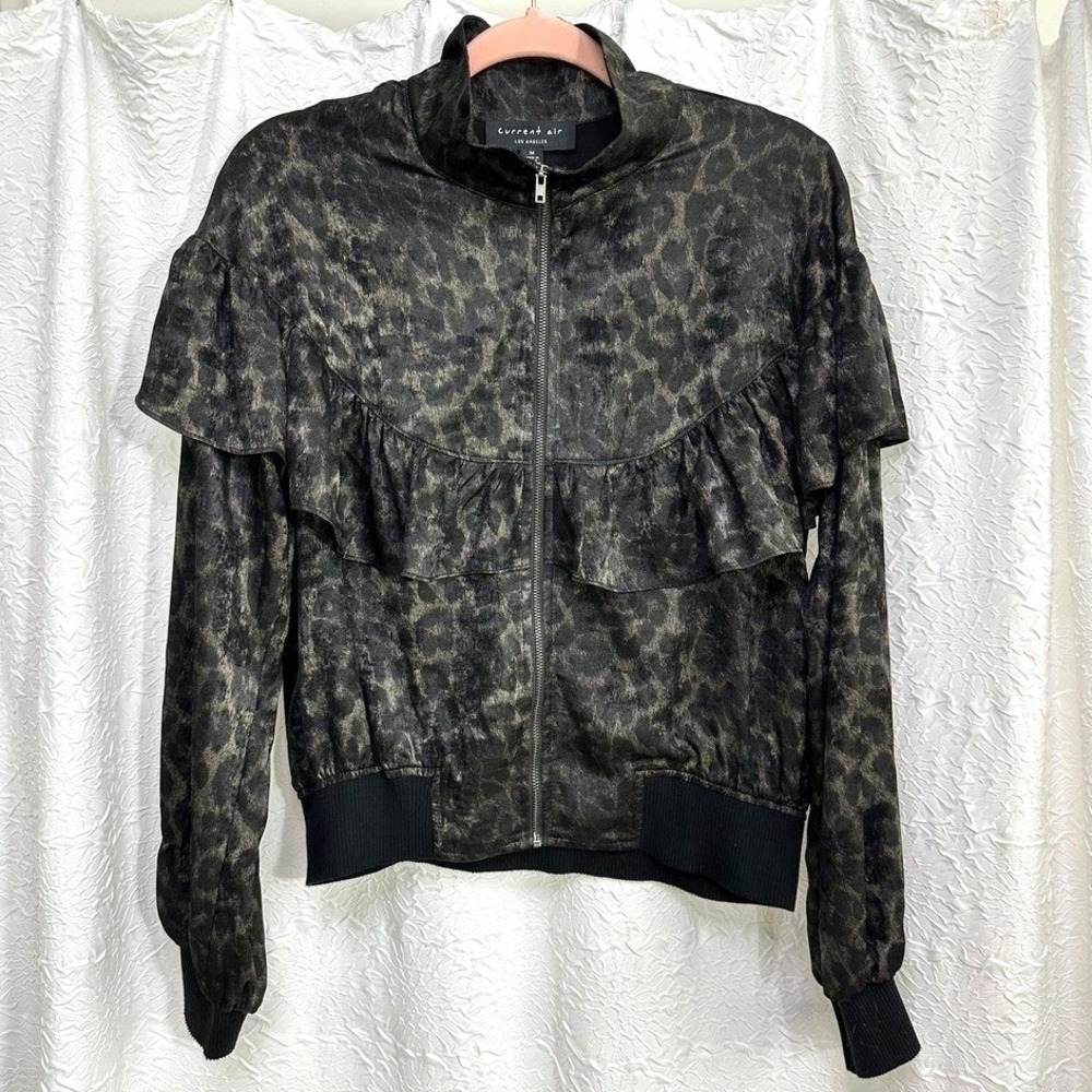 Leopard Print Bomber Jacket Medium Ruffle Zip Up Statement Whimsigoth Festival